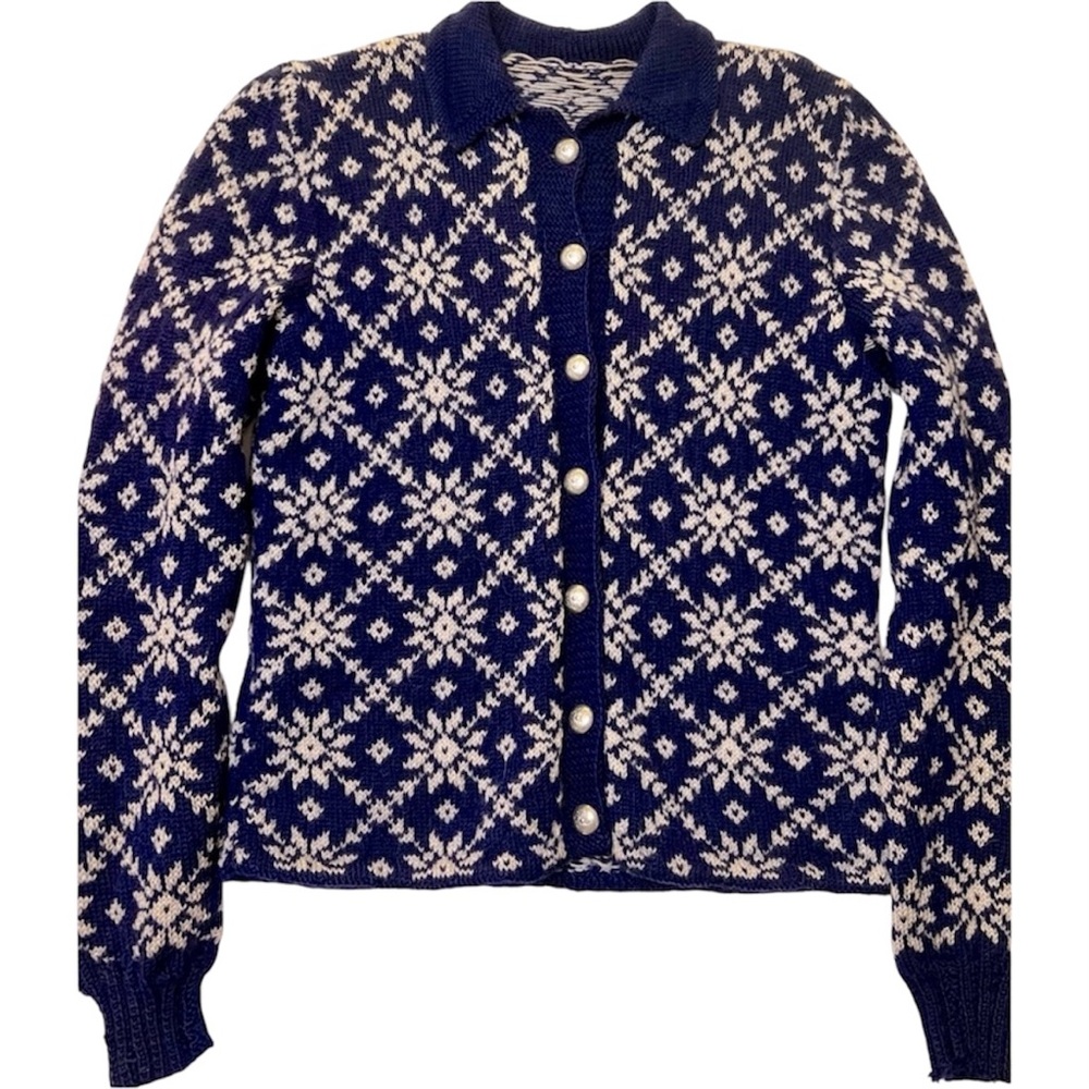 Vintage Navy Sweater Snowflakes Button Down Cardigan Collar Winter Holiday 80s